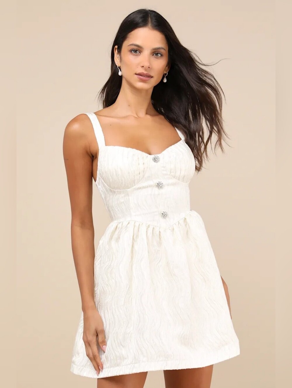 Lulus Charmingly Precious Cream Pleated Textured Bustier Mini Dress XL Wedding - Picture 3 of 9